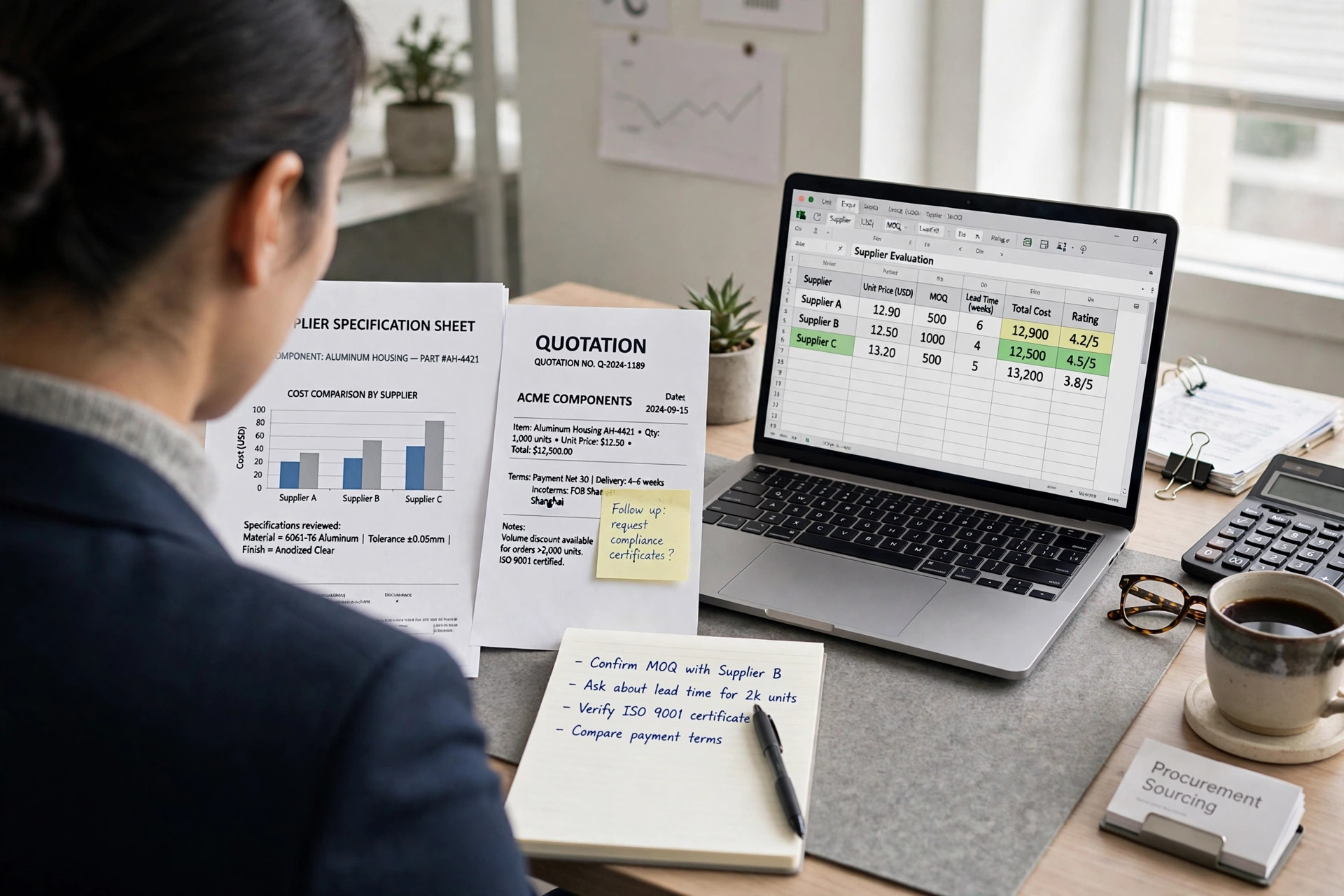 Reviewing supplier specifications and quotations at a workstation