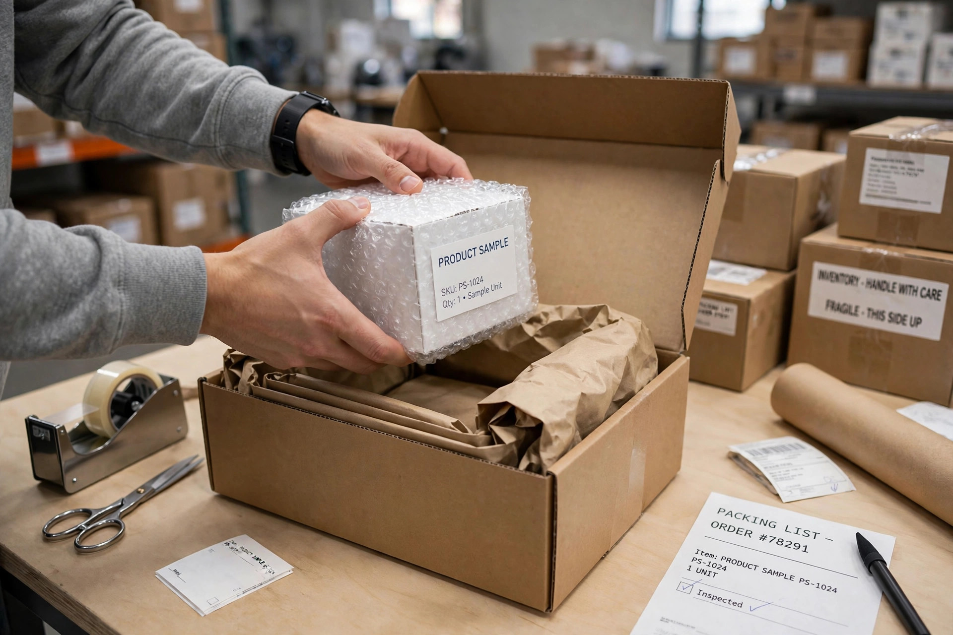 A product sample being packed for shipment with protective wrapping