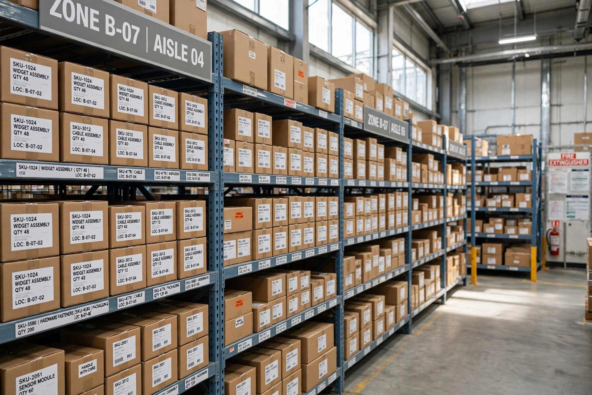 Organised warehouse racking holding catalogued product stock